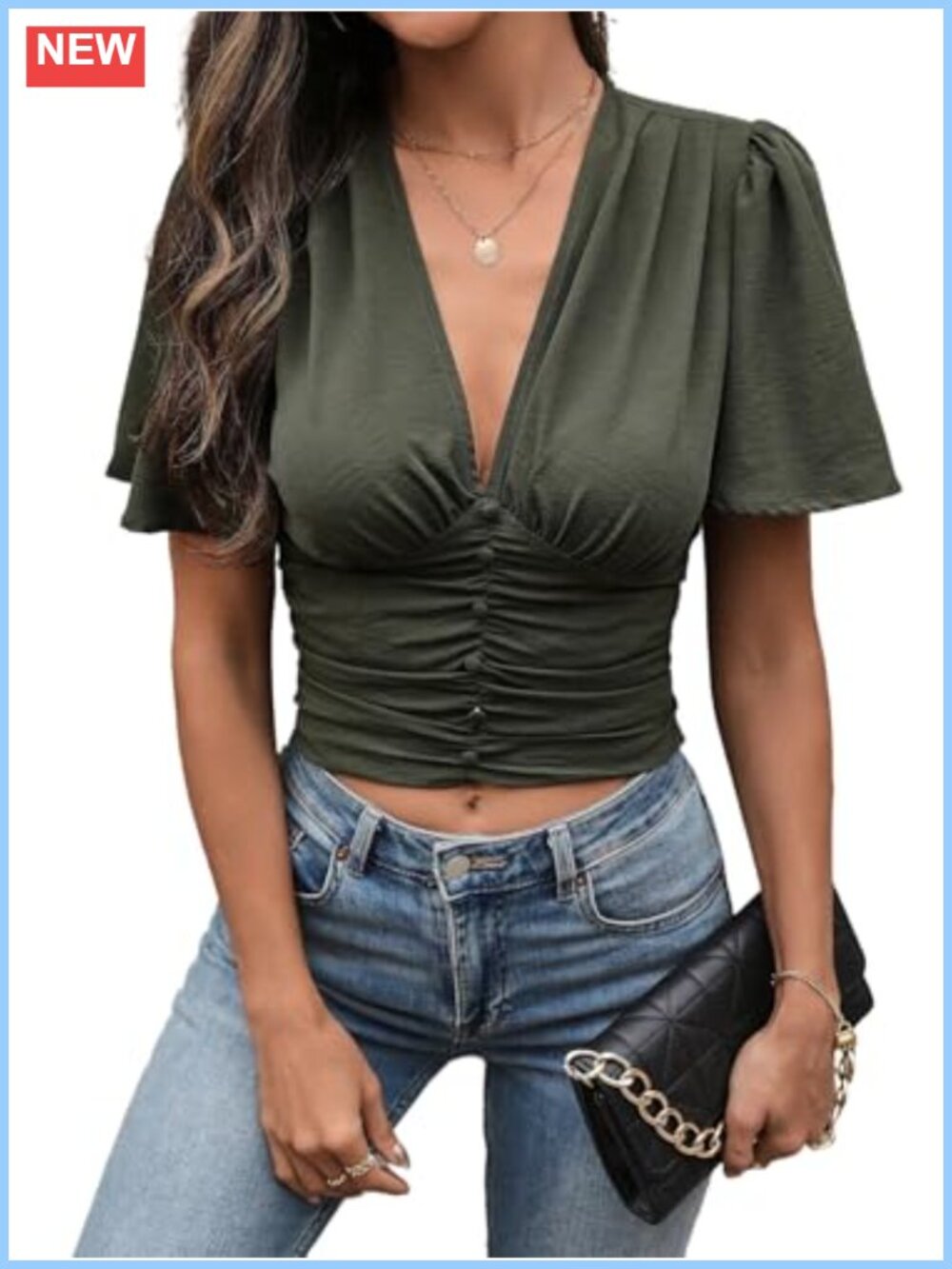 Women's Ruffle V Neck Cropped Blouse Smocked Back Waist Out Summer Top